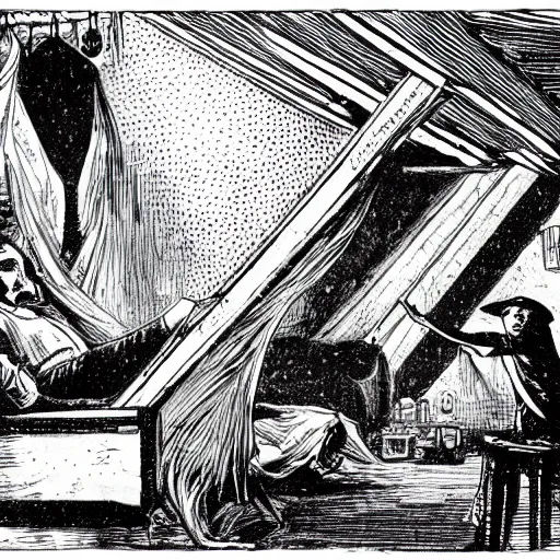 Image similar to warlock in the attic, comic art, victorian illustration, black and white