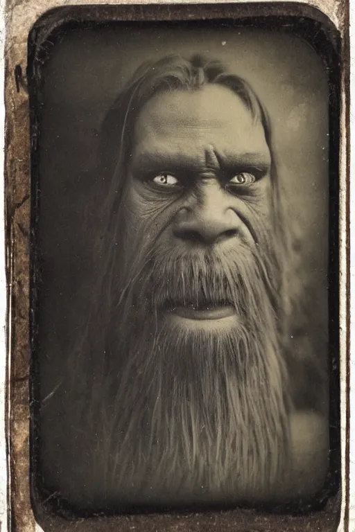 Image similar to a tintype photograph of an angry bigfoot