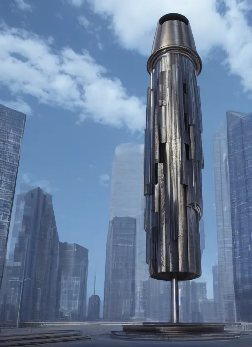 Image similar to highly detailed architecture render of a futuristic metallic monument stele standing in city, archdaily, made in unreal engine 4