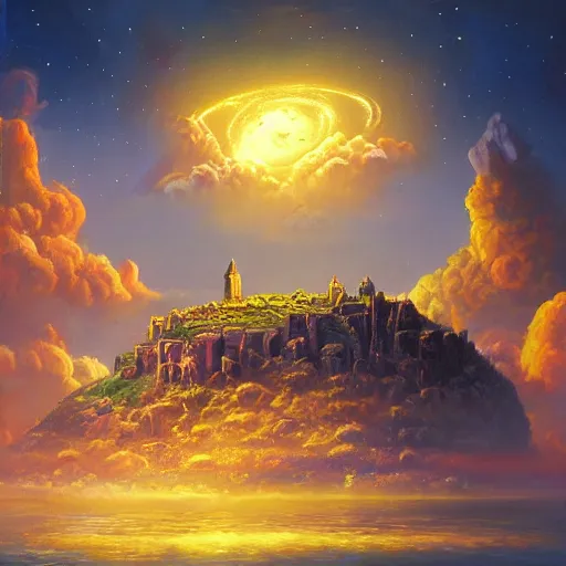 Prompt: a big fort made of glowing golden material, cosmic, surreal, photorealistic, clouds, oil painting, matte painting, 8 k,