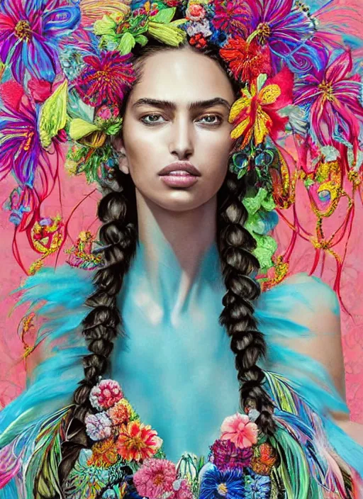 Prompt: beautiful portrait of Irina Shayk wearing fantastic Hand-dyed cotton dress,embellished beaded feather decorative fringe knots ,colorful pigtail,subtropical flowers and plants,symmetrical face,intricate,elegant,highly detailed,8k,digital painting,trending on pinterest,harper's bazaar,concept art, sharp focus, illustration, by artgerm,Tom Bagshaw,Lawrence Alma-Tadema,greg rutkowski,alphonse Mucha