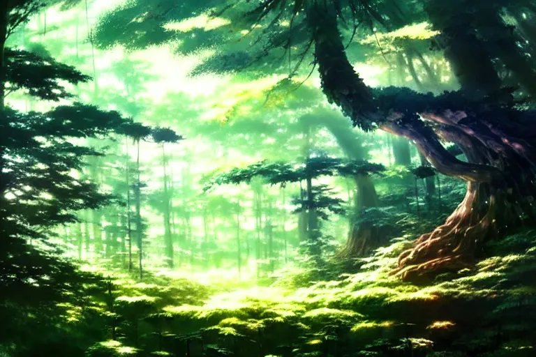 Image similar to painting of a forest by katsuhiro otomo, yoshitaka amano, nico tanigawa, artgerm, greg rutkowski makoto shinkai takashi takeuchi studio ghibli, akihiko yoshida rendered with intense 3 d effect