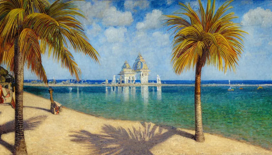 Image similar to a ultradetailed beautiful painting of the amazonas palace balustrade designed by jules bastien - lepage, tarsila do amaral, frank weston and gustave baumann, beach, trending on artstation, mediterranean, palm trees, sharp focus, colorful refracted sparkles and lines, soft light, 8 k 4 k