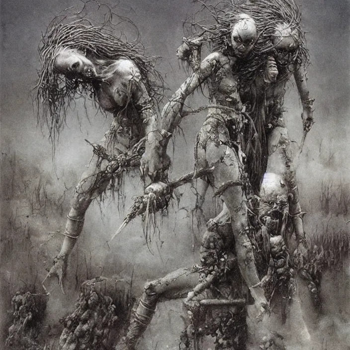 Image similar to bald barbarian girl figts goblins by Beksinski and Luis Royo