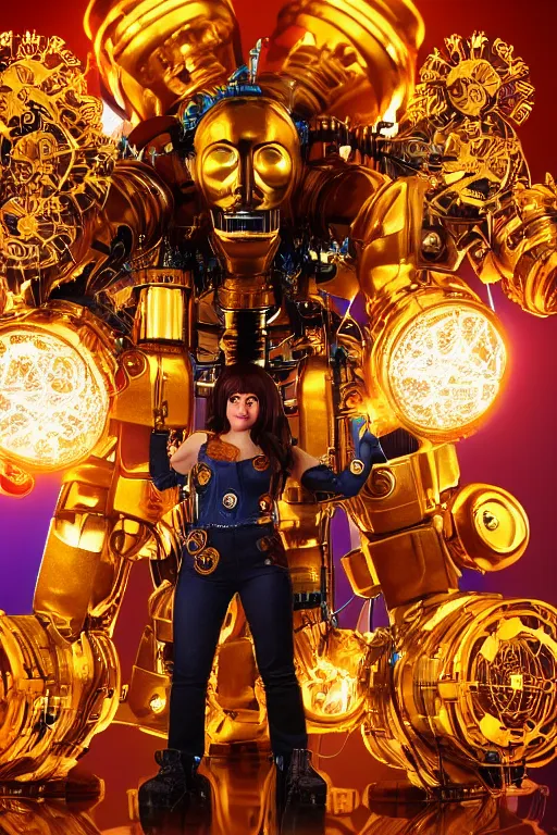 Image similar to portrait photo of a giant huge golden and blue metal humanoid steampunk robot female singer with a human face and gears and tubes, in the foreground is a big red glowing microphone, eyes are glowing red lightbulbs, shiny crisp finish, 3 d render, 8 k, insaneley detailed, fluorescent colors, background is multicolored lasershow