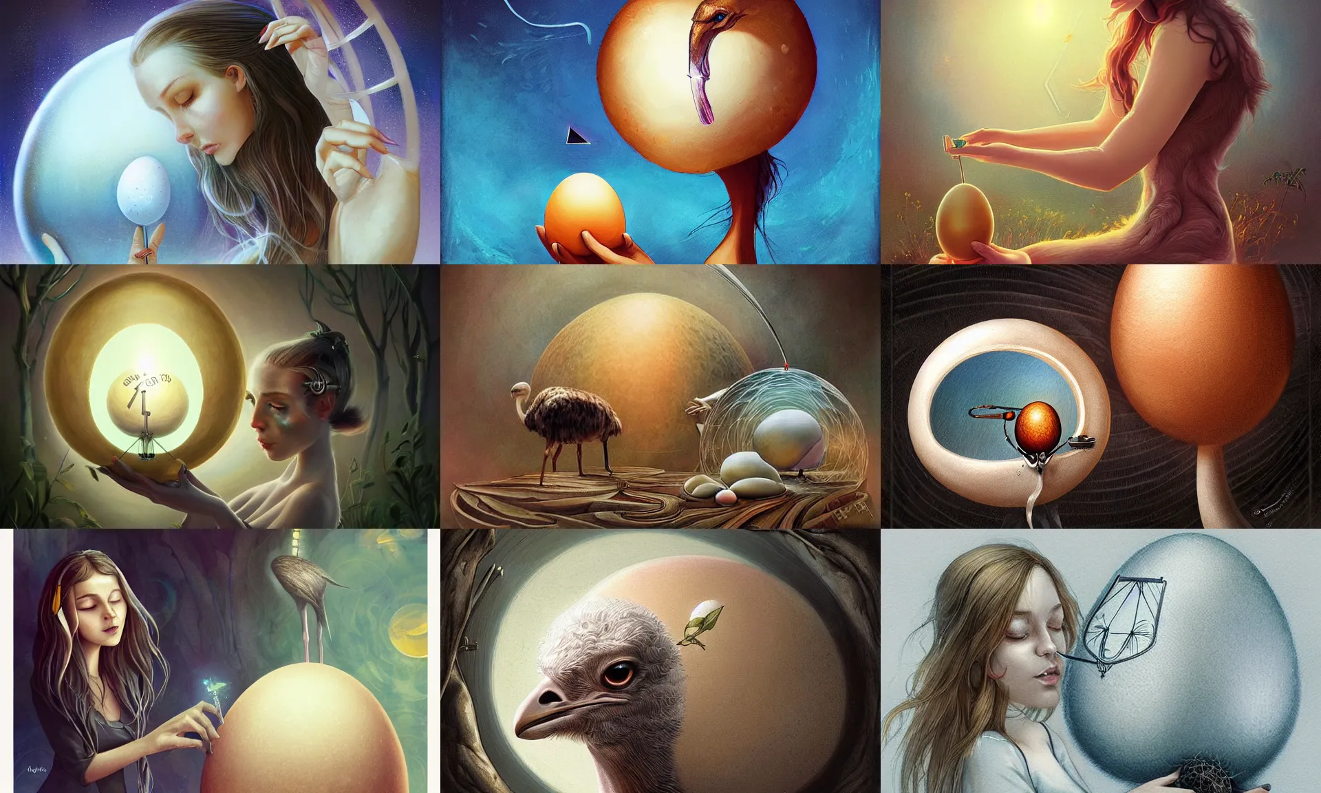 Prompt: Pensive Researcher measures an ostrich egg with calipers, fantasy art by Anna Dittman