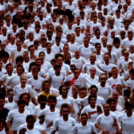 Image similar to the running of the screaming bob ross in pamplona spain