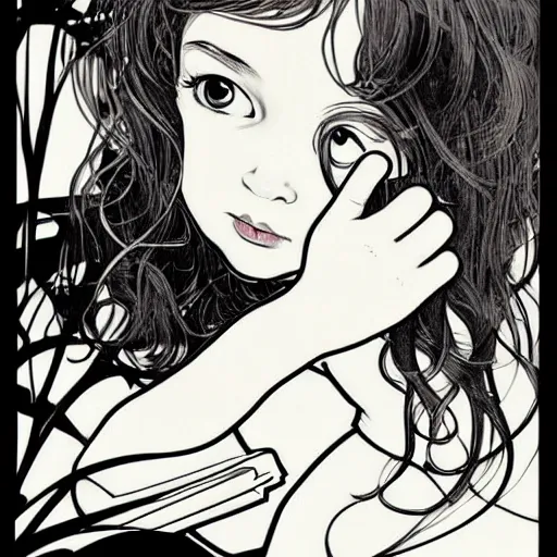 Image similar to clean simple line art of a little girl with short wavy curly light brown hair and blue eyes, reading a book. no background. well composed, clean, black and white, beautiful detailed face line art by ilya kuvshinov and alphonse mucha