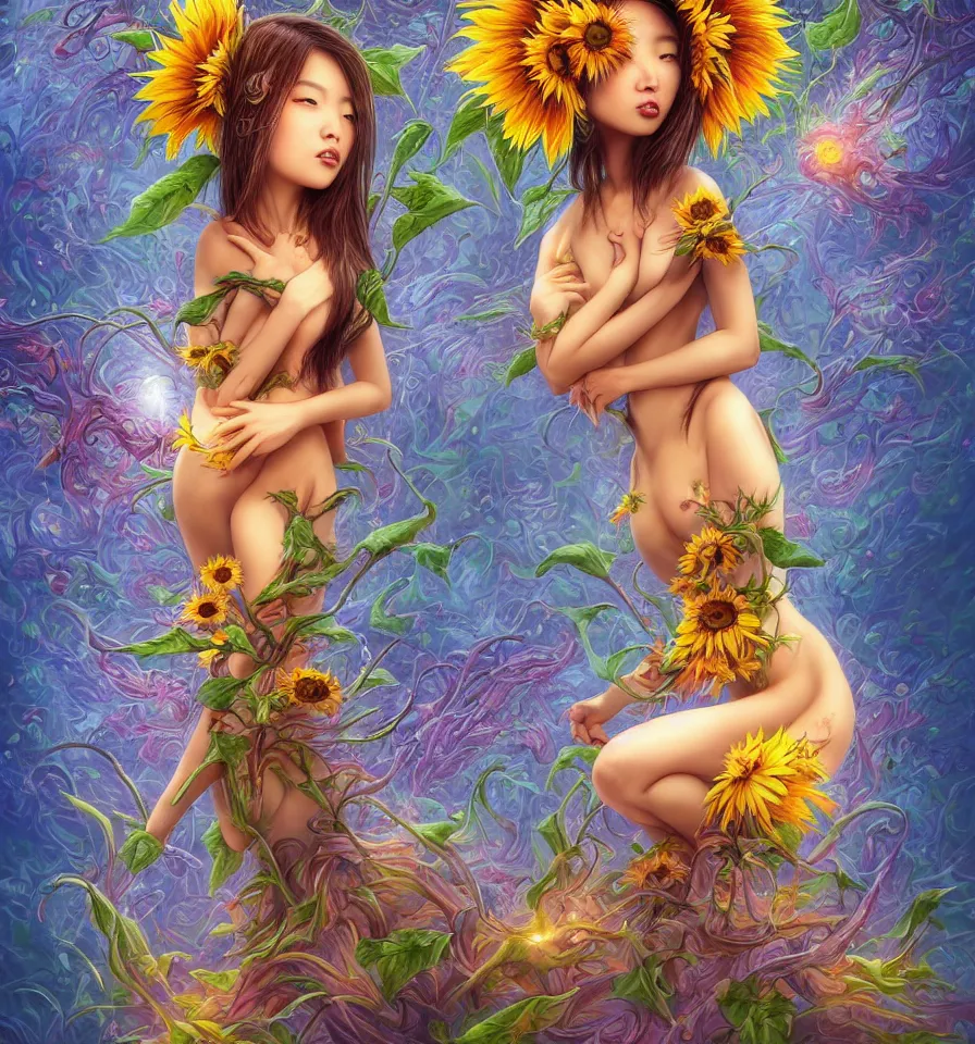 Prompt: a cute sunflower nymph of east - asian descent, created by antonio j. manzanedo, giger, alex grey, android jones, wayne barlowe, philippe druillet, raymond swanland, cyril rolando, josephine wall, harumi hironaka, trending on artstation