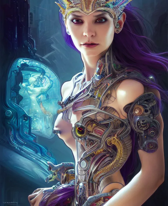 Image similar to whirlwind of souls rushing inside the metaverse, half body, tiara, tattoo, pharaoh, android, cyborg, cyberpunk face, by loish, d & d, fantasy, intricate, elegant, highly detailed, colorful, vivid color, digital painting, artstation, concept art, art by artgerm and greg rutkowski and alphonse mucha and ruan jia