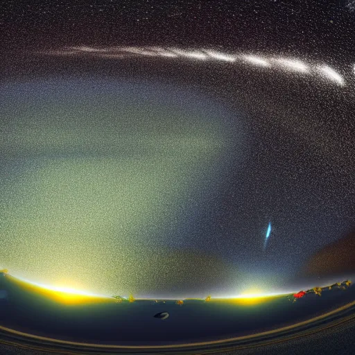 Image similar to A meteor shower illuminating a dark night sky, UFOs are flying around in the atmosphere, highly detailed, digital photo, HDRI, by christopher bretz and kael ngu, vivid colors, high contrast, 8k resolution, intricate, photorealistic, smooth, psychedelic color scheme,