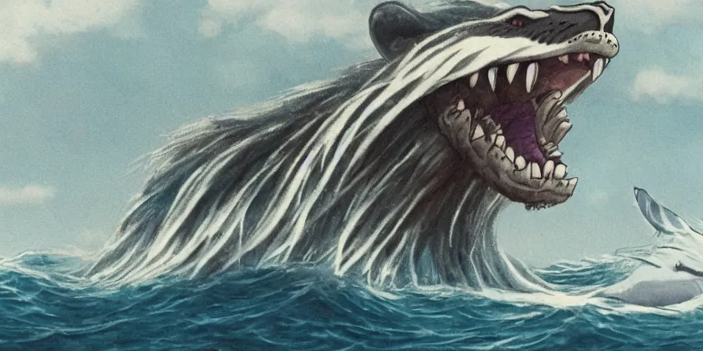 Image similar to close up of a lion hybrid with whale, spirited away