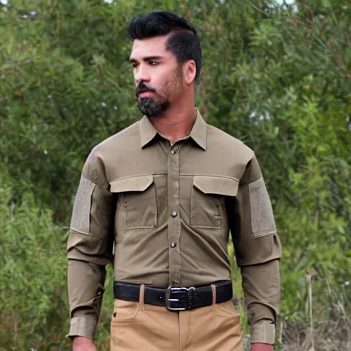 Prompt: detailed tactical cargo buckskin shirt