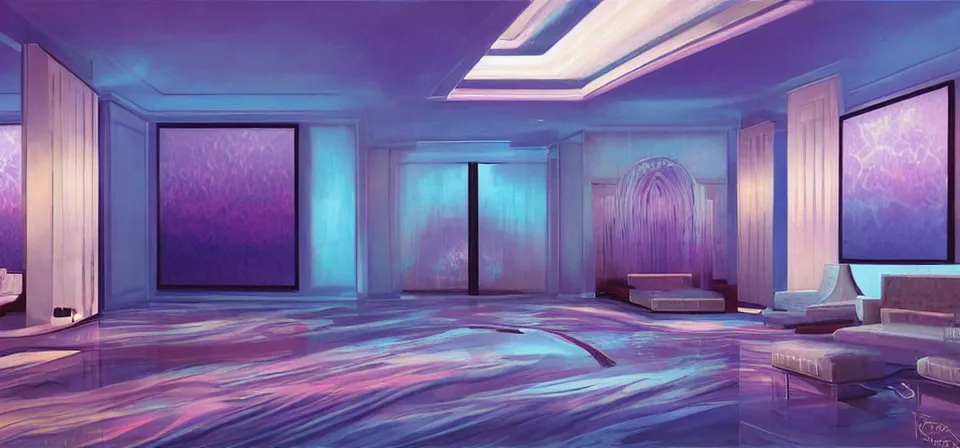 Image similar to vaporwave ombre detailed vast and sleek and modern luxury hotel lobby. underwater themed. highly detailed, digital painting, artstation, concept art, smooth, sharp focus, illustration, ed hopper, chris moore. artgerm, tomasz alen kopera, peter mohrbacher, donato giancola, joseph christian leyendecker, wlop, boris vallejo