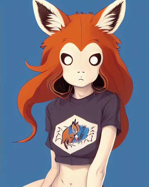 Image similar to fullbody shot of wild half - fox woman with fox nose and ears, wearing summer jeans shorts and tshirt, anime art, concept art, detailed attractive face with fox nose and fox mouth, symmetrical, trending on pixiv, by lois van baarle by sung choi by john kirby artgerm style pascal blanche and magali villeneuve and hayao miyazaki