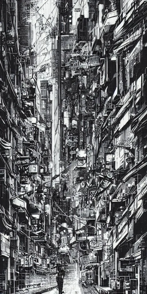 Image similar to manga illustration of poor cyberpunk city, rainy weather, highly detailed
