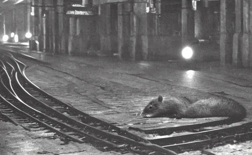 Image similar to old photo from 1 9 5 9. very large giant mutant antropomorphic rat staying on railways in round tonnel of moscow metropolitan. extreme high detail. low light, scary atmosphere, darkness