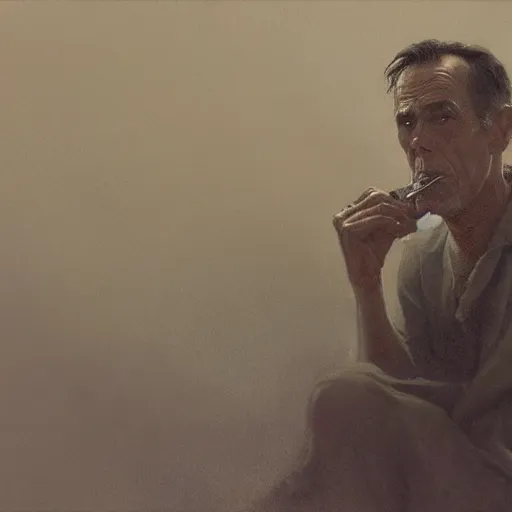 Image similar to a highly detailed epic cinematic concept art CG render digital painting artwork costume design: Henry Fonda as a 1950s tired disillusioned poet, barefoot, smoking a cigarette. volumetric lighting. By Greg Rutkowski, in the style of Francis Bacon and Syd Mead and Norman Rockwell and Beksinski, open ceiling, highly detailed, painted by Francis Bacon and Edward Hopper, painted by James Gilleard, surrealism, airbrush, Ilya Kuvshinov, WLOP, Stanley Artgerm, very coherent, triadic color scheme, realistic facial expression, art by Takato Yamamoto and James Jean