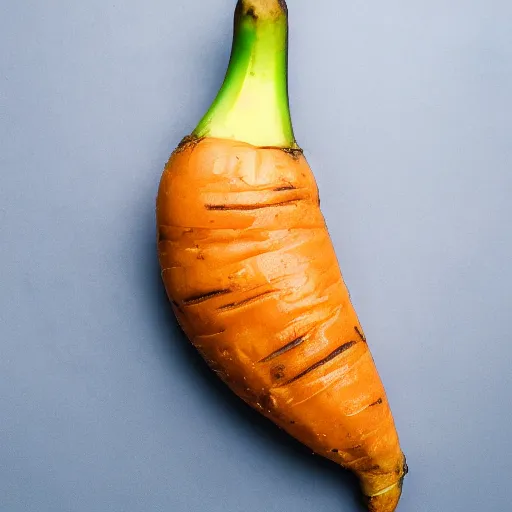 Image similar to a peeled banana with a carrot on the inside, 8k, food photography