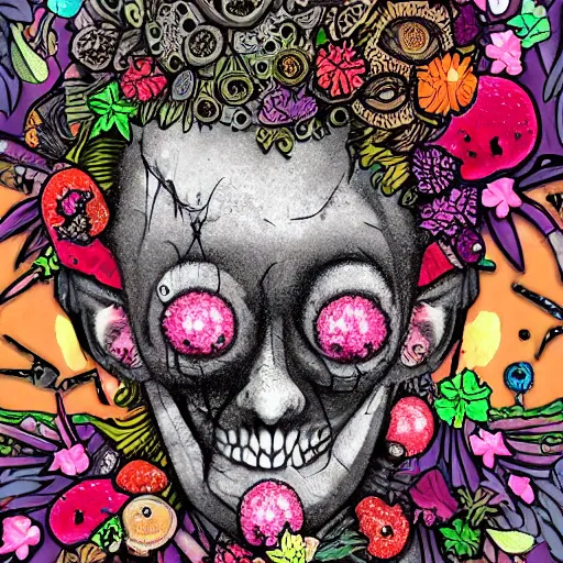 Prompt: cartoonish portrait of a punk rock zombie turning into flowers fruit and mushrooms, botanical background, covered in crystals and glitter, atmospheric lighting, sculptural, highly intricate detail