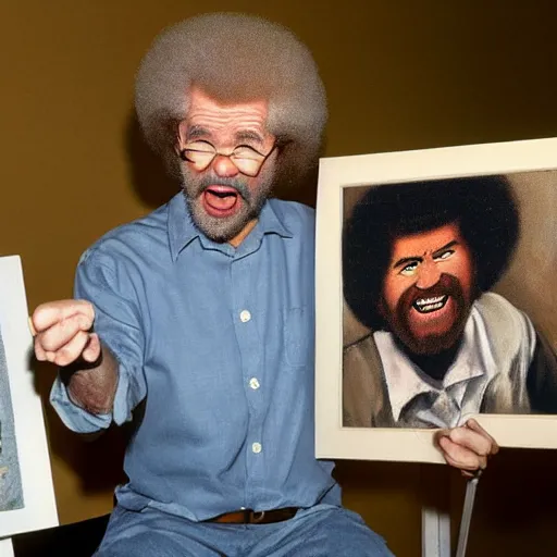 Image similar to bob ross screaming at his painting