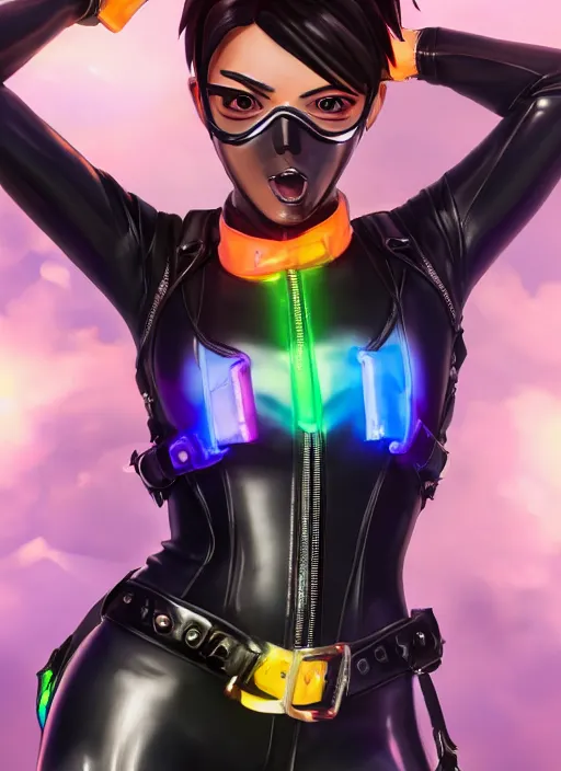 Image similar to full body digital artwork of tracer overwatch, wearing black iridescent rainbow latex swimsuit, 4 k, expressive happy smug expression, makeup, in style of mark arian, wearing detailed black leather collar, wearing chains, black leather harness, leather cuffs around wrists, detailed face and eyes,