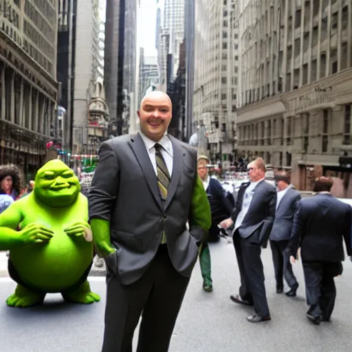 Prompt: shrek in a business suit on wallstreet