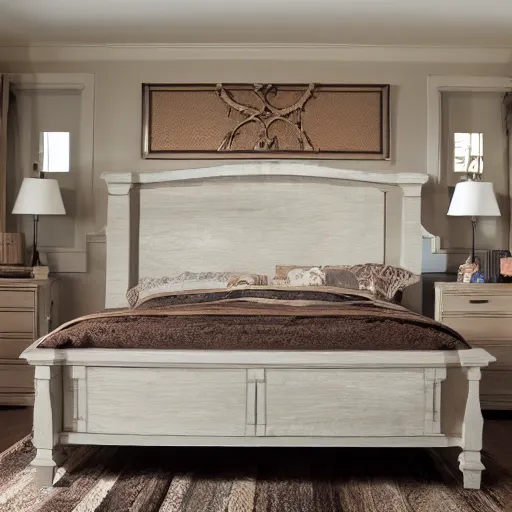 Prompt: award-winning catalog photo headboard in the shape of a fireplace mantel master bedroom