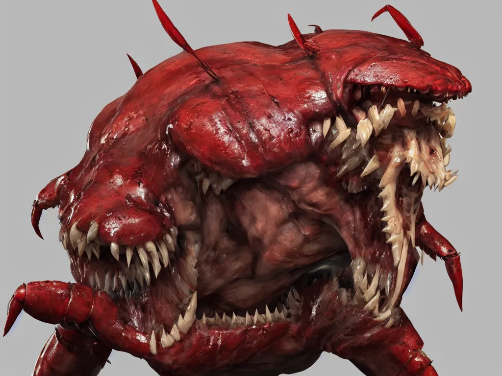 Image similar to game concept art, muscular, crustacean head, sharp teeth, hyperrealism, artstation, cgsociety, zbrush, no background