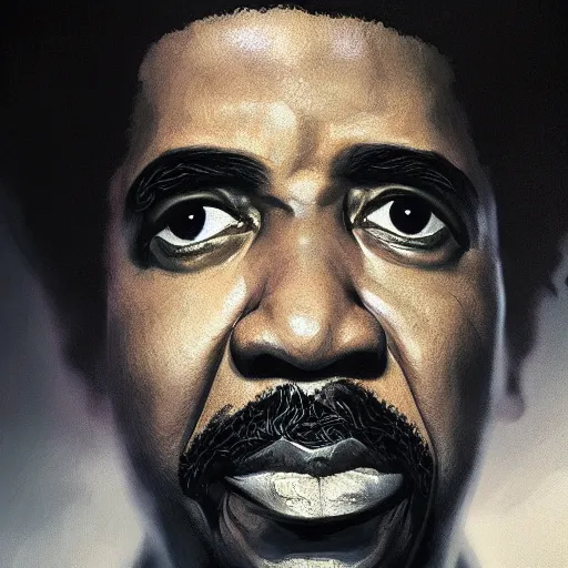 Prompt: closeup portrait of richard pryor, dramatic lighting, city background, chiaroscuro, high detail, painted by greg rutkowski, trending on artstation