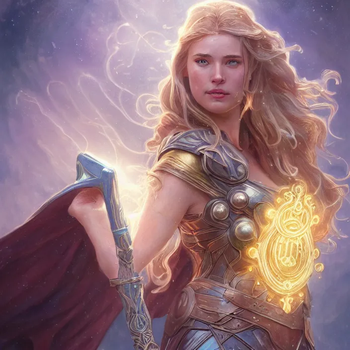 Prompt: beautiful female thor with sparkling eyes, summoning stormbreaker, highly detailed, gold filigree, fantasy, soft cinematic lighting, award, disney concept art, watercolor illustration by mandy jurgens and alphonse mucha and alena aenami, pastel color palette, featured on artstation