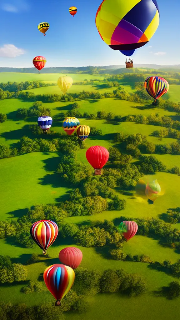 Image similar to large colorful balloons with people on rope swings underneath, flying high over the beautiful countryside landscape, professional photography, 8 0 mm telephoto lens, realistic, detailed, digital art, unreal engine