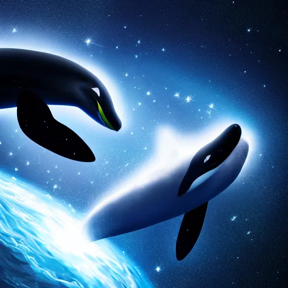 Image similar to space orca swimming in space, high ocatne render, 4k