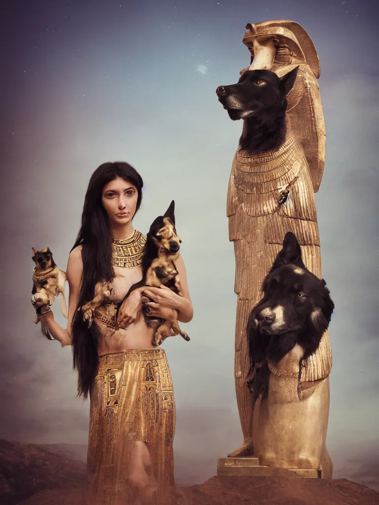 Prompt: photorealistic portrait of a beautiful female ancient Egyptian goddess holding Anubis the dog in her arms, photography by Alessio Albi, 50mm f1.4, bokeh, kodak ektar, rendered in octane