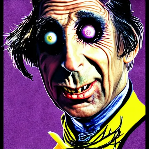 Image similar to graphic illustration, creative design, alice cooper as willy wonka, biopunk, francis bacon, highly detailed, hunter s thompson, concept art