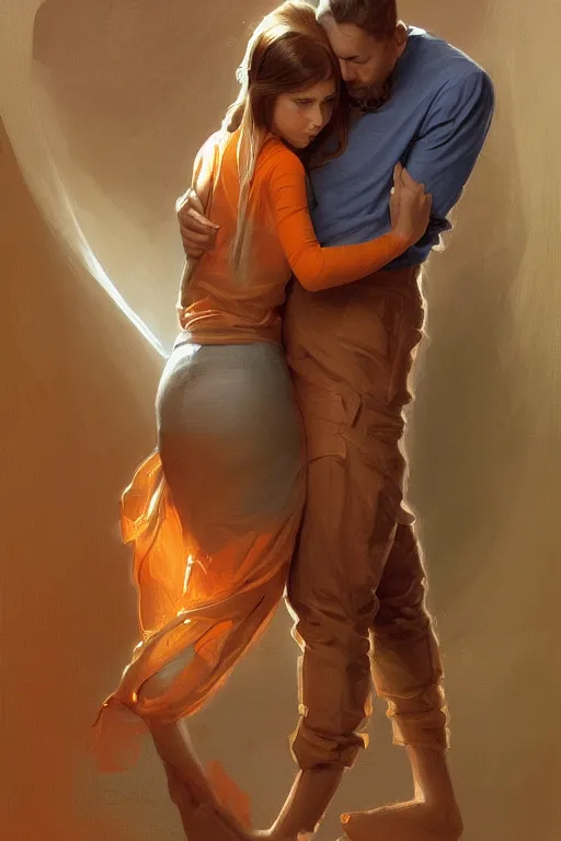 Image similar to portrait of tinfoil hat man in orange t - shirt hugging from behind his wife in a bed, feelings, romantic, fantasy, intricate, elegant, highly detailed, digital painting, artstation, concept art, smooth, sharp focus, illustration, art by artgerm and greg rutkowski and alphonse mucha
