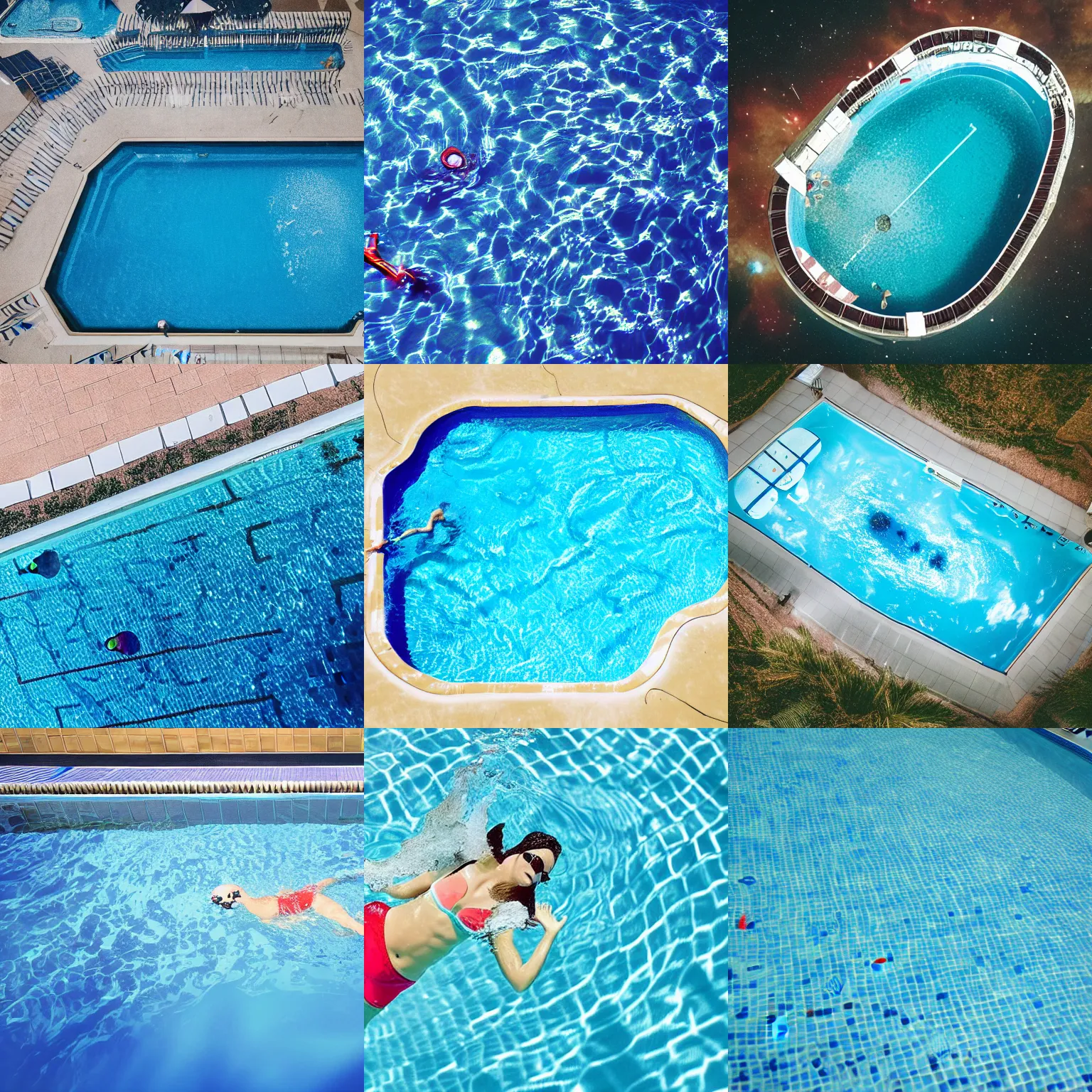 Prompt: photo of a swimming pool floating in outer space