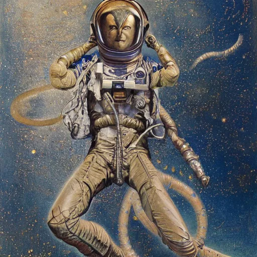 Prompt: the mummy astronaut, style hybrid mix of Anton Pieck+Jean Delville+ Amano,Yves Tanguy+ Alphonse Mucha+ Ernst Haeckel+ Edward Robert Hughes+Stanisław Szukalski , rich moody colors,diamond dust glitter and sparkles, holographic krypton ion,blue eyes,octane render,4k, ighly detailed, hyperrealism, excellent composition, cinematic concept art, dramatic lighting, trending on ArtStation