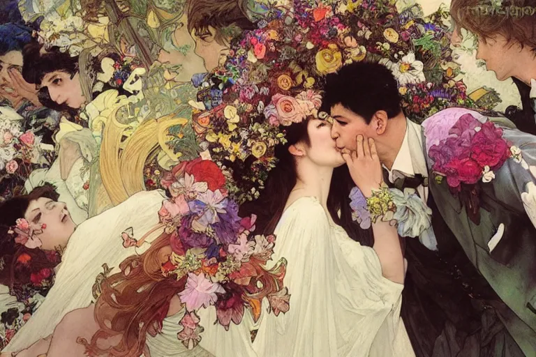 Image similar to the groom kisses the bride at a wedding full of flowers, bright and happy, dreamlike art, highly detail, 4 k realistic, wedding photoy krenz cushart. artem demura. alphonse mucha. yoji shinkawa artgerm. jon lothian. danilo torres. adi meyers. thomas reimann. gaston bussiere.