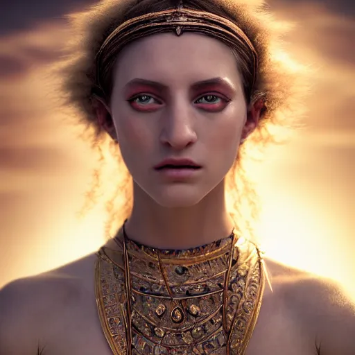 Image similar to photographic portrait of a stunningly beautiful renaissance priestess female in a white eyes trance, in soft dreamy light at sunset, contemporary fashion shoot, by edward robert hughes, annie leibovitz and steve mccurry, david lazar, jimmy nelsson, breathtaking, 8 k resolution, extremely detailed, beautiful, establishing shot, artistic, hyperrealistic, beautiful face, octane render