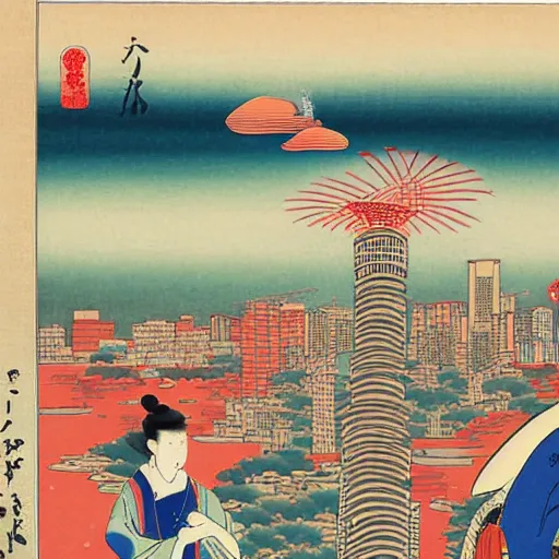 Image similar to ukiyo - e painting of the skyline of singapore hdb