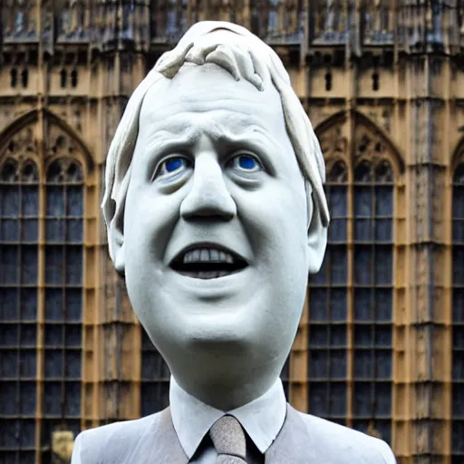 Prompt: a stone sculpture of boris johnson on a plinth outside the houses of parliament, mid distance