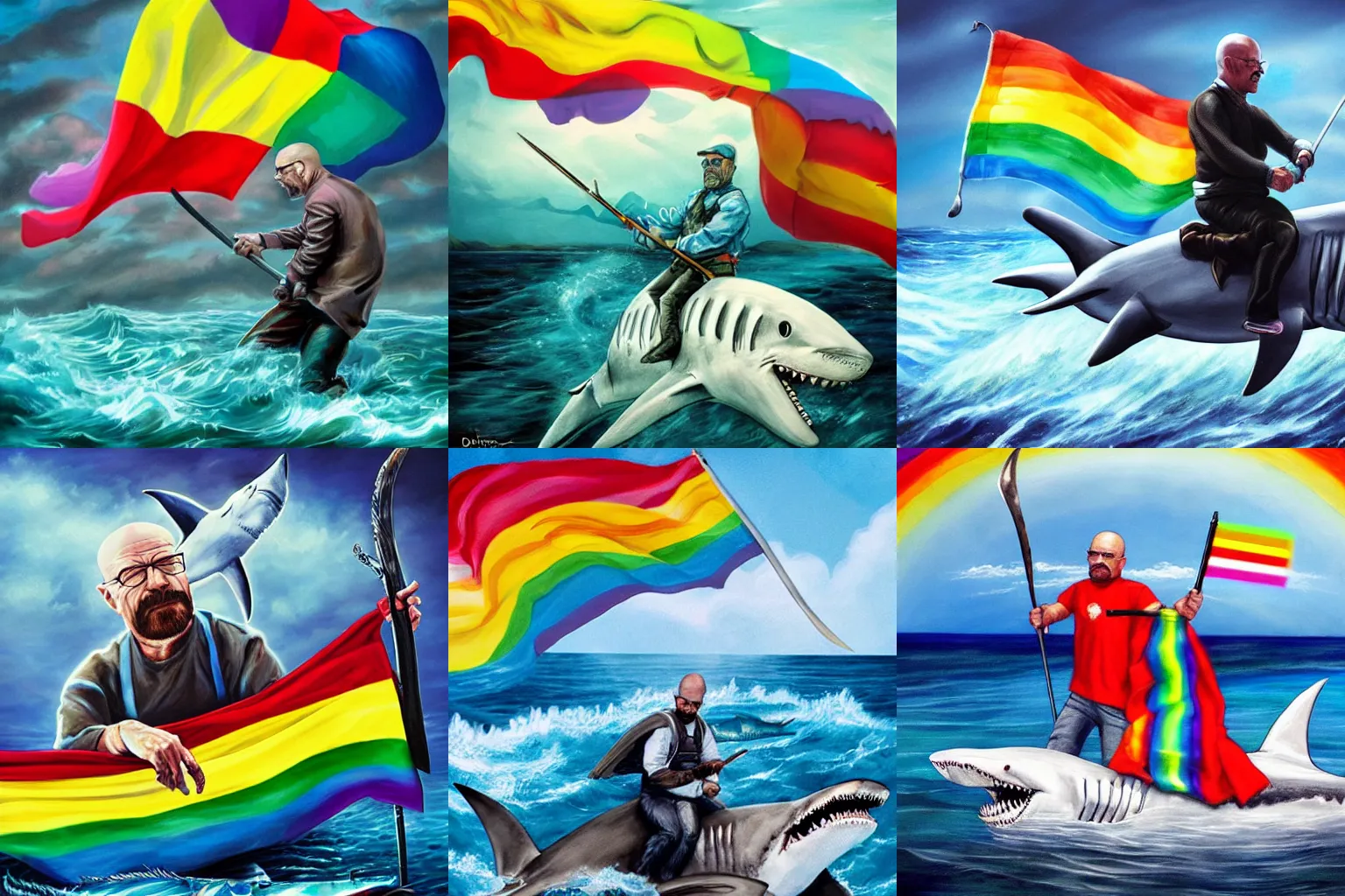 Prompt: walter white riding a majestic shark at aquatic gay pride parade, wielding a sword, painting by daemorph art, trending on artstation, 4 k, sharp focus, unimaginable, surreal, rainbow flag
