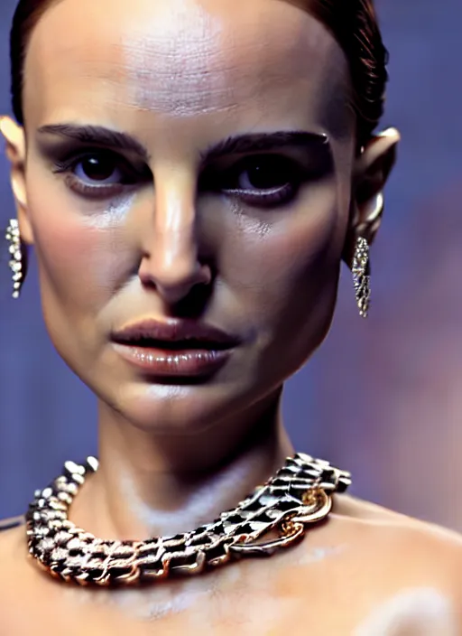 Image similar to a melting wax model of an absurdly beautiful, graceful, sophisticated, fashionable woman, natalie portman, in the style of irakli nadar and alexandre ferra, white porcelain skin, faberge, intricate chrome chains, dark atmosphere, unreal engine 5 highly rendered, global illumination, radiant light, detailed and intricate environment