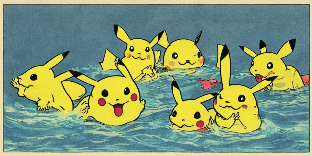 Prompt: a flat illustration of several pikachus swimming in a wide pool together, vaudevillian, from 1890, nostalgic, detailed, vignette, high quality scan, yellow and green