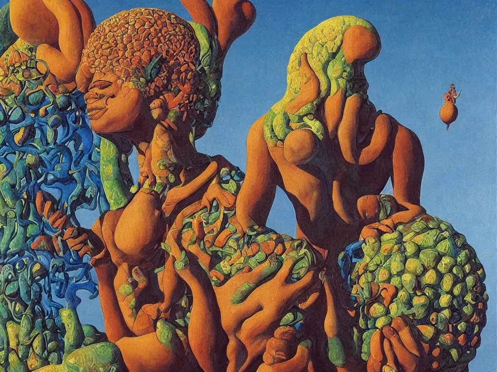 Prompt: Portrait of the African god albino holding the caged fantastic psychedelic bird at her chest, sculpture, Henri Moore giant, blue eyed, flowing milk, lightning network. Boulders of spiked fungi. Painting by Rene Magritte, Jean Delville, Max Ernst, Maria Sybilla Merian, Roger Dean