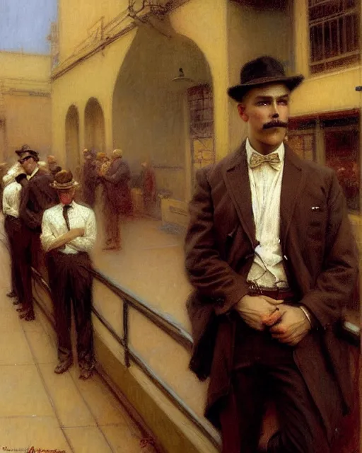 Image similar to attractive man waiting in line to audition for a hollywood movie, paramount movie lot 1 9 2 8 melancholy, nostalgia, painting by gaston bussiere, craig mullins, j. c. leyendecker