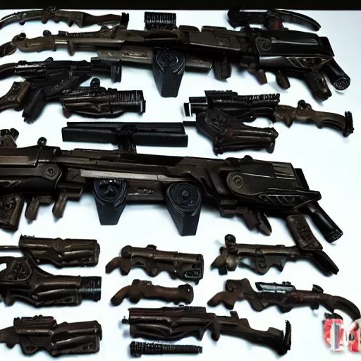 Prompt: Kitbashed Cyberpunk weapons, revolvers, pistols, maximalist, blinn