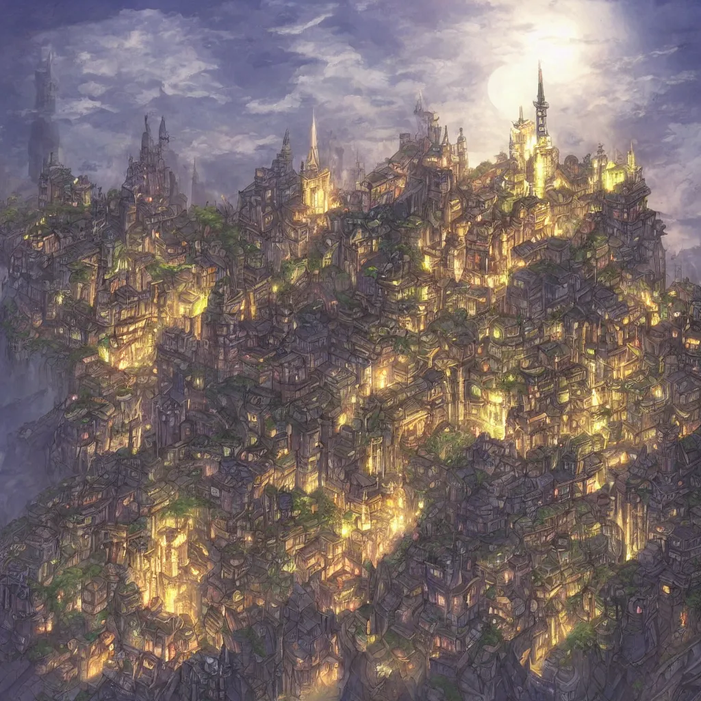 Image similar to there is a glowing white tower in the dark city, fantasy art, 2 d game art, by studio ghibli