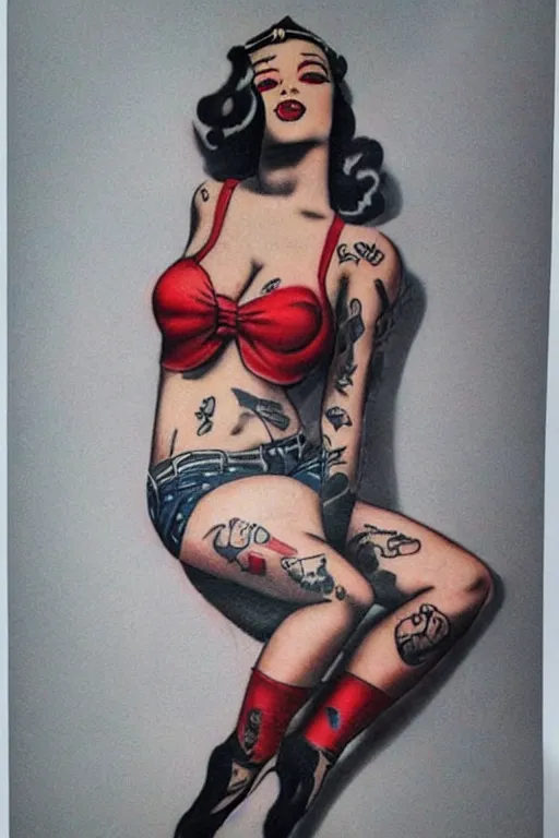 Prompt: traditional American tattoo of a pinup girl, pinup model, WWII style, tattoo by David Corden